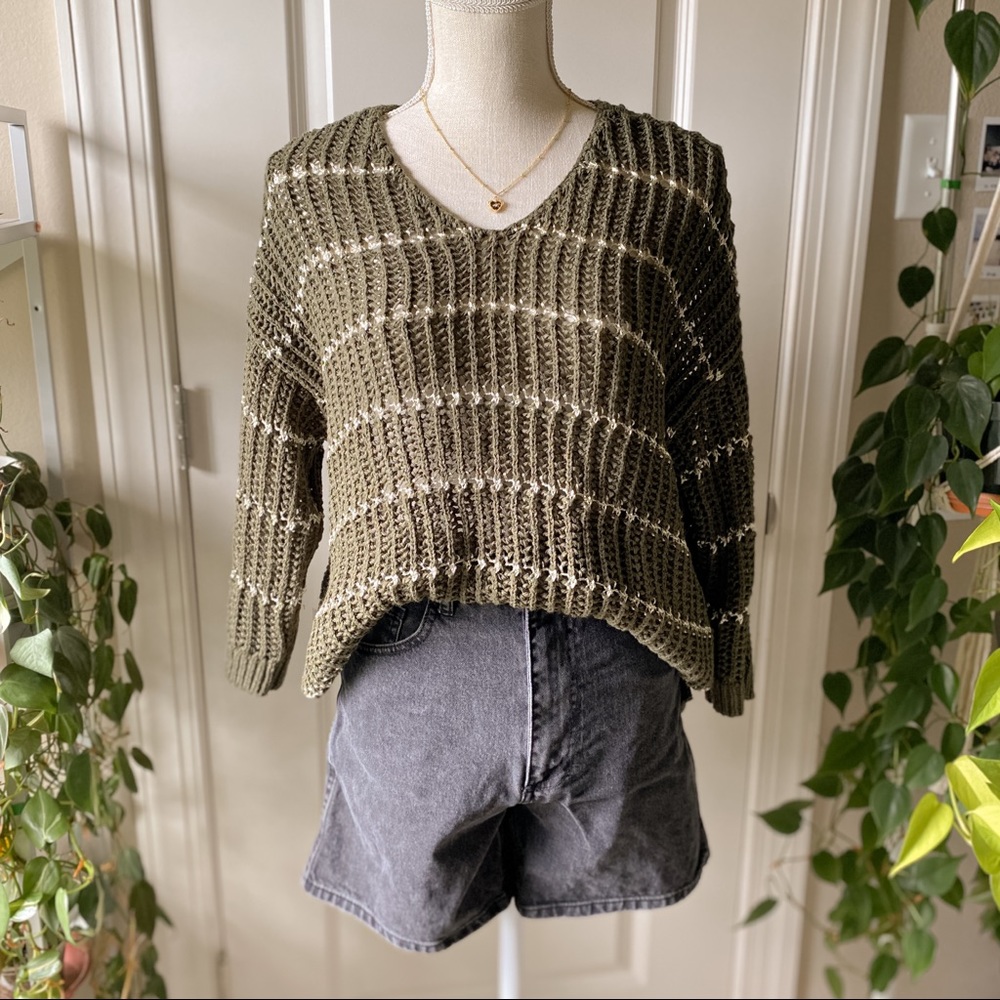 Chico’s - Green & Silver Metallic Striped Pullover Loose Knit Sweater
